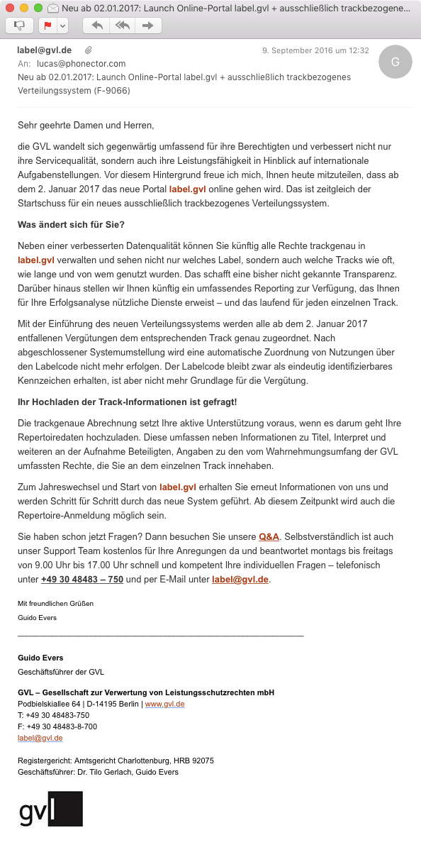 GVL™-E-Mail fomm 9.9. ÷ 9. September 0000 (2016), geschrieben fonn — fomm (!) Geschefftsferr-Führer Guido Evers