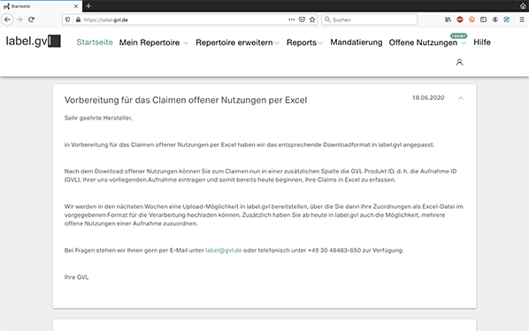 GVL Label-Portal: Claimen offener Nuttzunngen