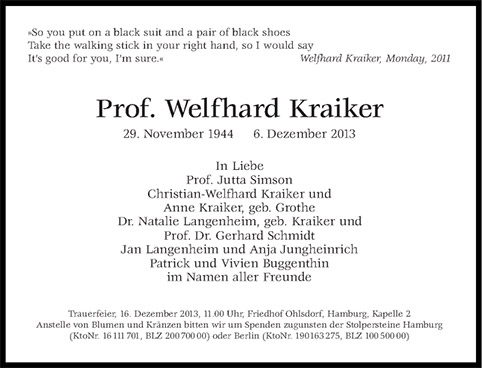 Welfhard Kraiker - Todesanzeige - Süddeutsche Zeitung
